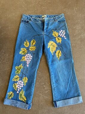 Hand-Painted Blue Women’s Jeans with Floral Vine Detail